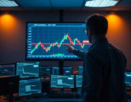 Financial analyst pointing at GBP/USD chart with dark-cloud cover pattern near 1.3500 level