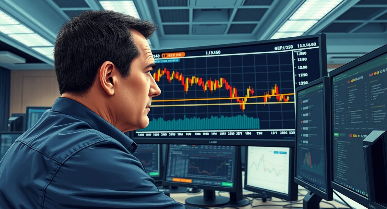 GBP/USD forecast analysis showing trader monitoring forex chart as pound declines against dollar.