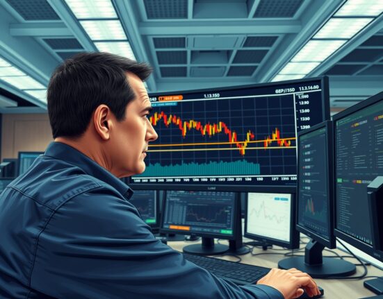 GBP/USD forecast analysis showing trader monitoring forex chart as pound declines against dollar.