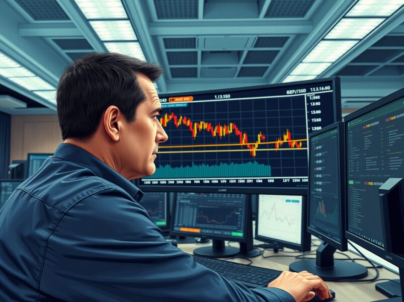 GBP/USD forecast analysis showing trader monitoring forex chart as pound declines against dollar.
