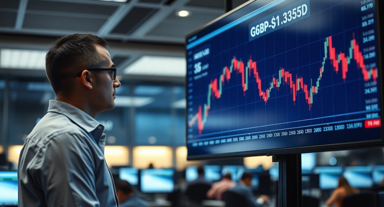 Trader analyzing GBP/USD chart showing price decline below 1.3300 on trading floor monitors