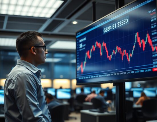 Trader analyzing GBP/USD chart showing price decline below 1.3300 on trading floor monitors