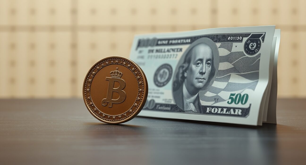 GBP/USD price forecast: A British Pound coin and US Dollar banknote on a desk, representing the currency pair's technical analysis.