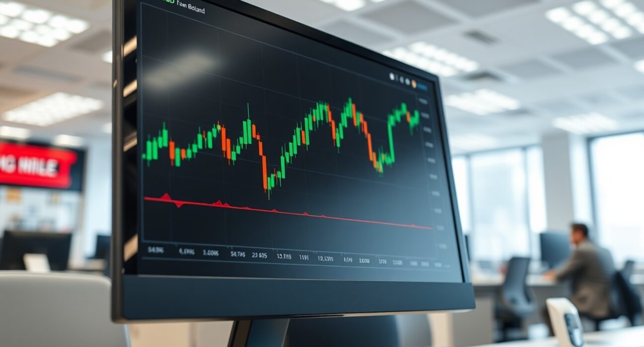 GBP/USD price forecast analysis showing a live forex chart on a trading desk monitor.