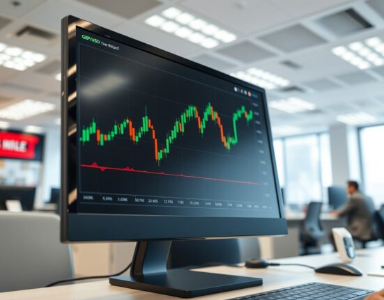 GBP/USD price forecast analysis showing a live forex chart on a trading desk monitor.