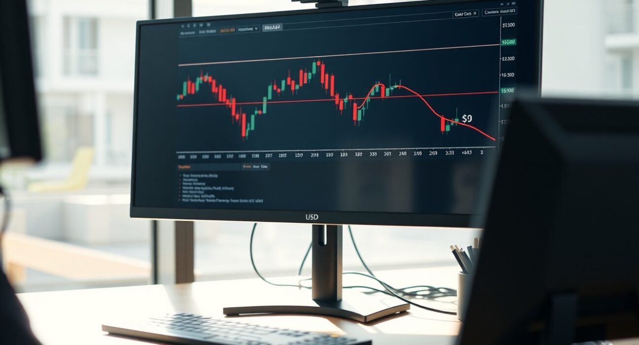 GBP/USD candlestick chart showing downward-sloping trendline near 1.3470 on a computer monitor