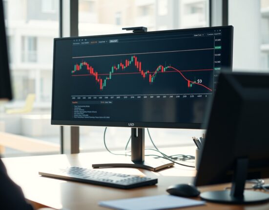 GBP/USD candlestick chart showing downward-sloping trendline near 1.3470 on a computer monitor