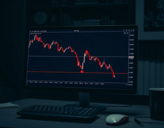 GBP/USD chart showing downside breakout from triangle pattern on trading terminal