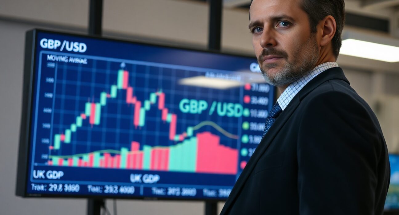 Financial analyst monitoring GBP/USD chart ahead of UK GDP data release