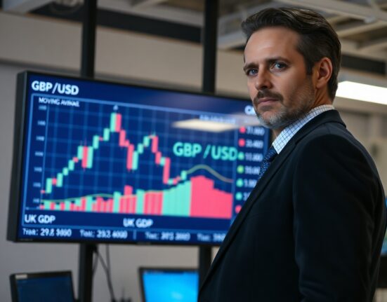 Financial analyst monitoring GBP/USD chart ahead of UK GDP data release