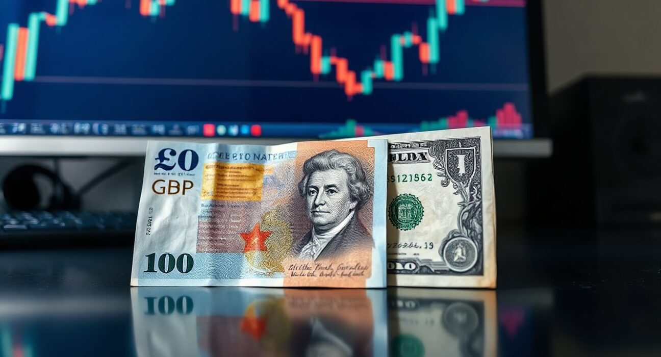 British pound and US dollar banknotes on a trading desk with GBP/USD chart in background
