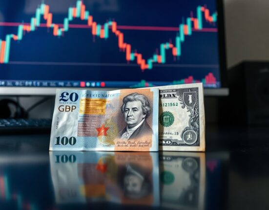 British pound and US dollar banknotes on a trading desk with GBP/USD chart in background