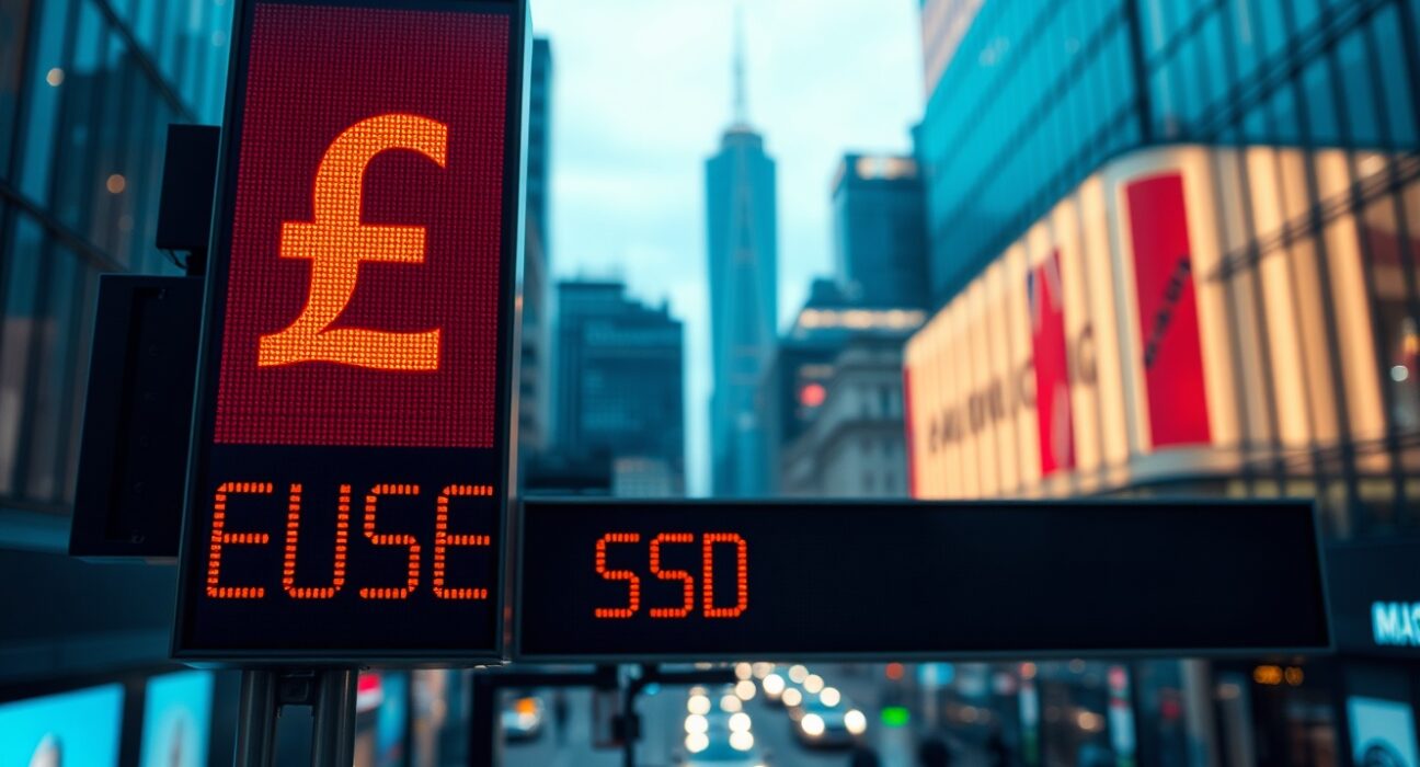 GBP/USD currency exchange board in financial district