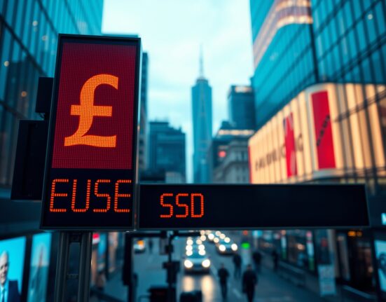 GBP/USD currency exchange board in financial district