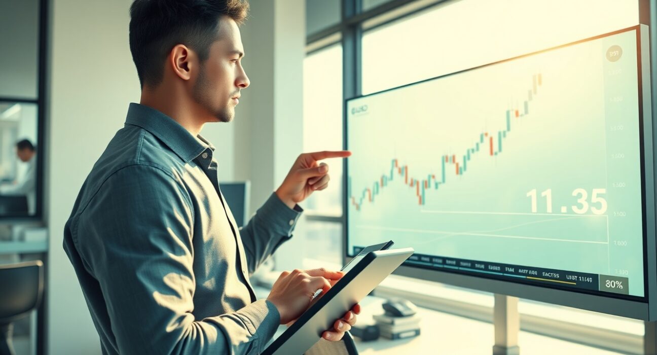 Financial analyst examines GBP/USD chart showing strong rally toward 1.35 level in professional trading environment.