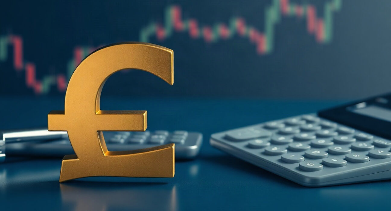 British pound symbol on a financial trading desk with charts, representing GBP/USD range-bound trading.