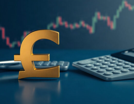 British pound symbol on a financial trading desk with charts, representing GBP/USD range-bound trading.