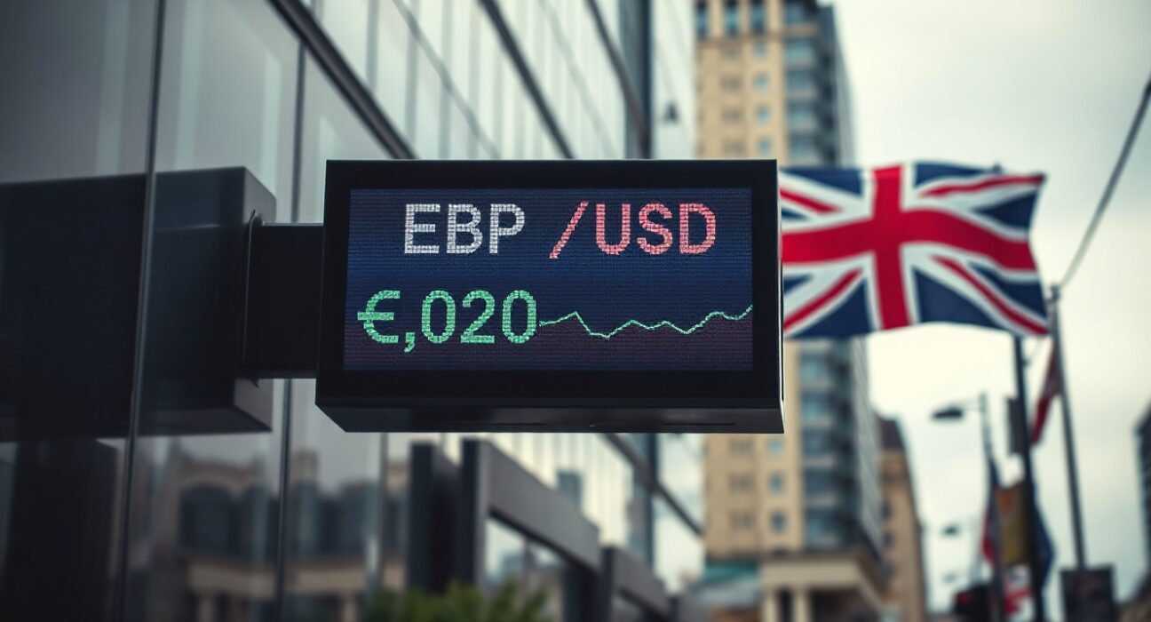 Currency exchange board showing GBP/USD rate with US and UK flags in background