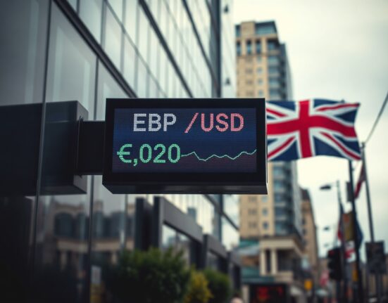 Currency exchange board showing GBP/USD rate with US and UK flags in background