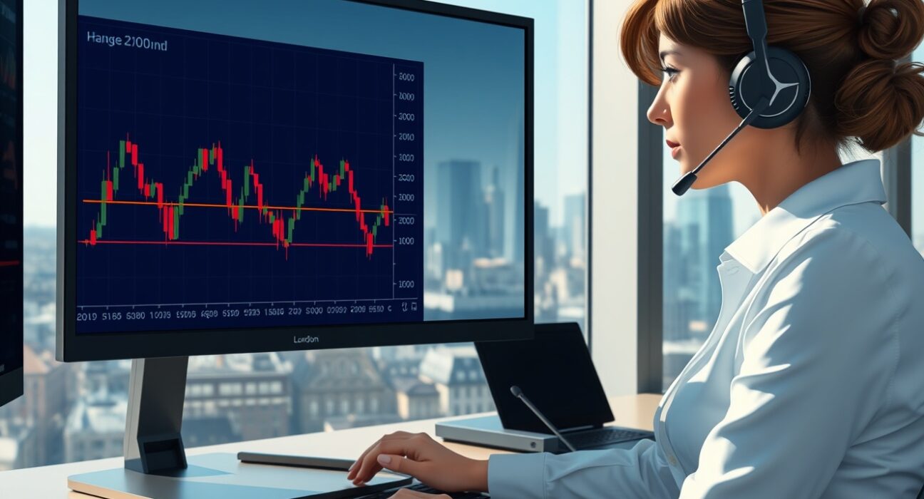 Financial analyst in London reviews GBP/USD chart showing range-bound trading amid Bank of England policy shift.
