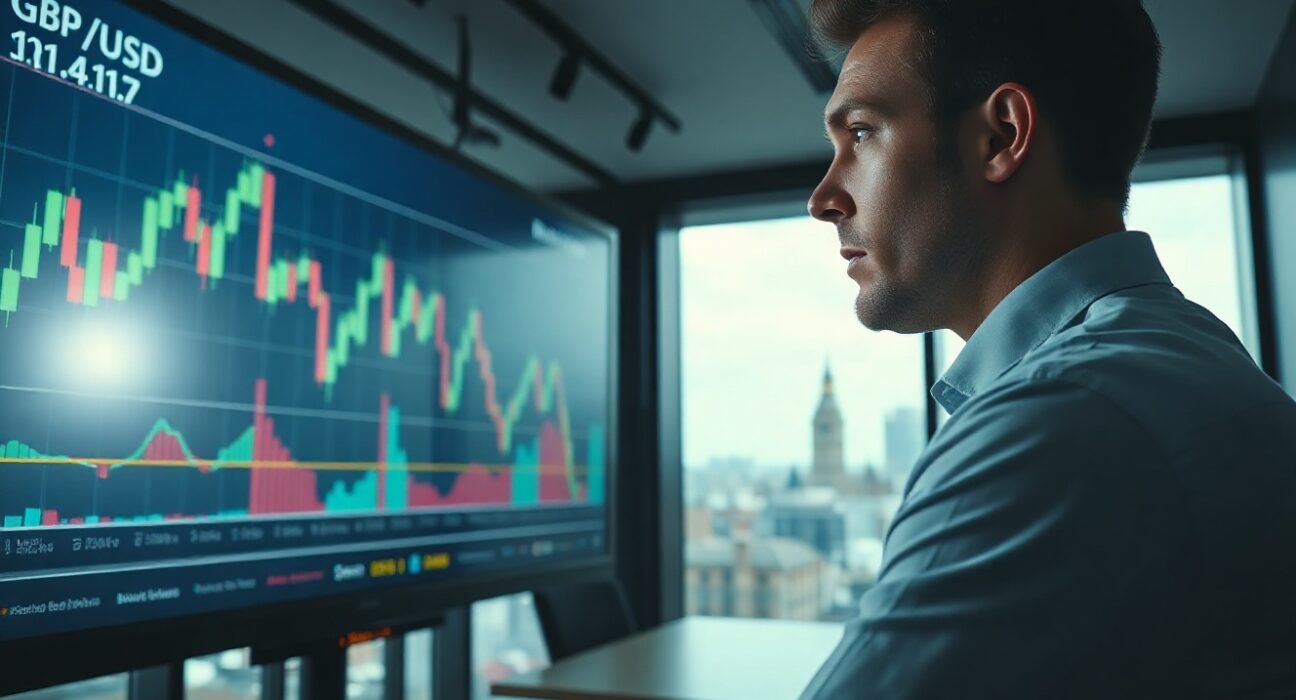 Analyst monitors GBP/USD chart in trading room ahead of UK GDP release