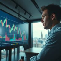 Analyst monitors GBP/USD chart in trading room ahead of UK GDP release
