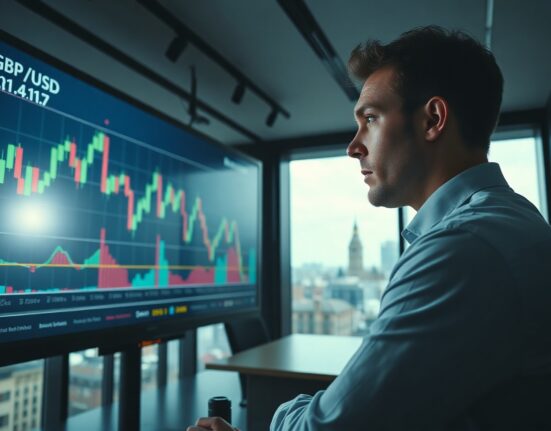 Analyst monitors GBP/USD chart in trading room ahead of UK GDP release