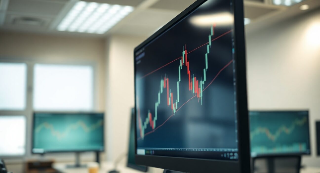 GBP/USD trading chart on a computer screen in a professional trading office