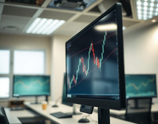 GBP/USD trading chart on a computer screen in a professional trading office