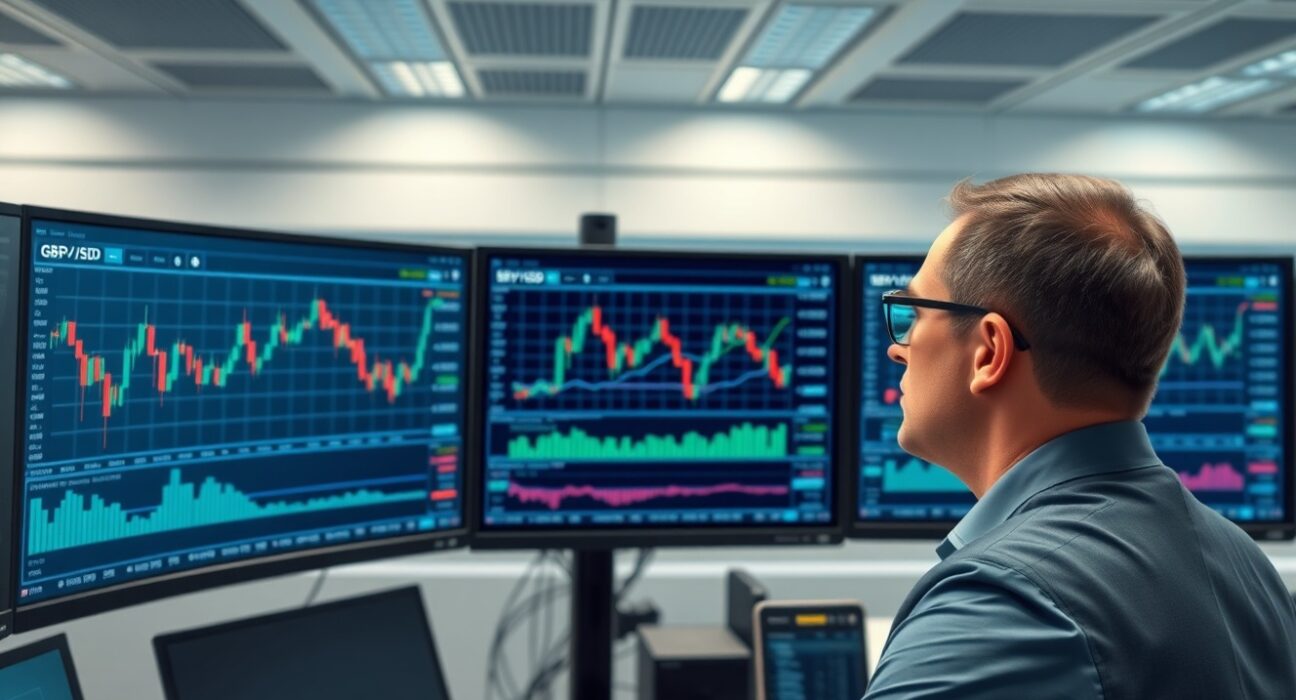 Financial analyst examines GBP/USD currency charts following UK inflation data release for trading strategy insights.