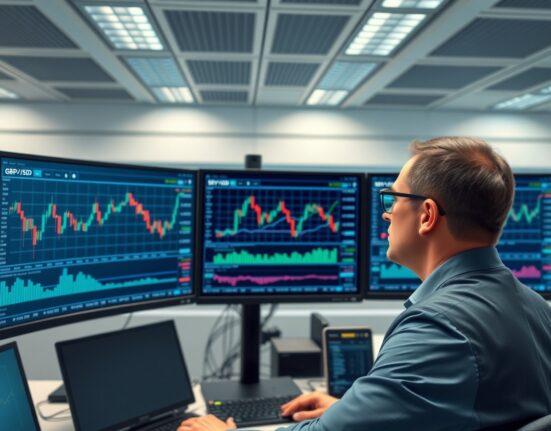 Financial analyst examines GBP/USD currency charts following UK inflation data release for trading strategy insights.