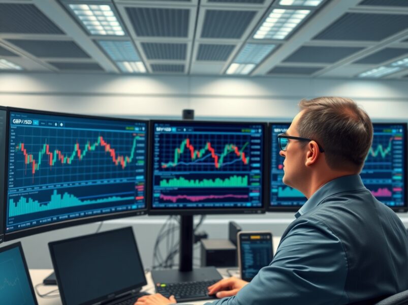 Financial analyst examines GBP/USD currency charts following UK inflation data release for trading strategy insights.