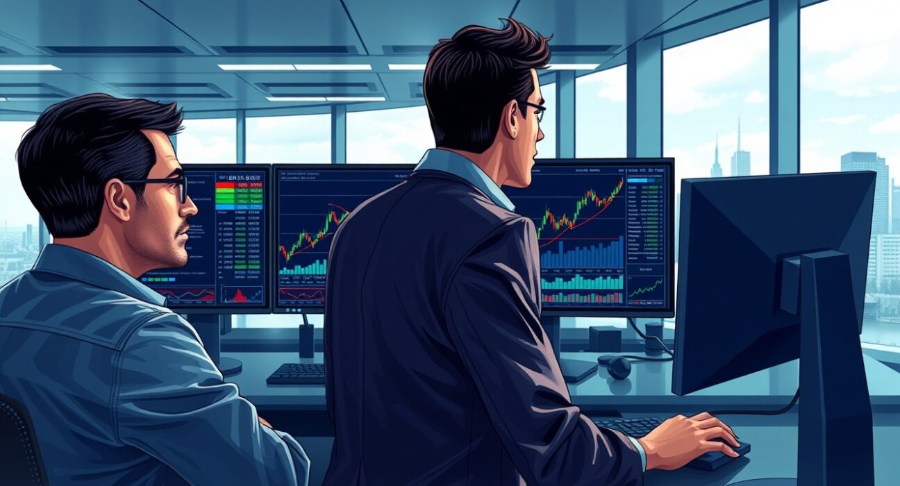 Forex traders analyzing GBP/USD exchange rate rebound on trading desk monitors.