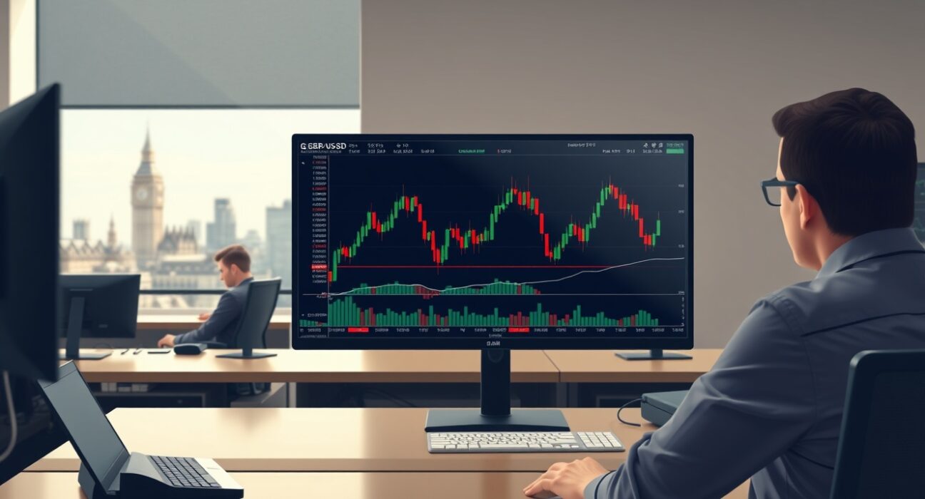 GBP/USD exchange rate chart analysis on a professional trading desk in London.