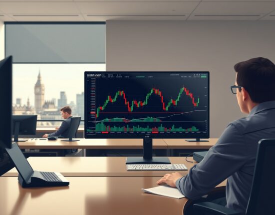 GBP/USD exchange rate chart analysis on a professional trading desk in London.