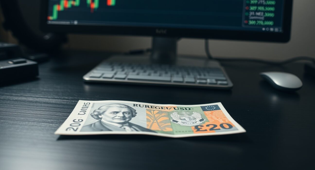 British Pound Sterling banknote with blurred forex chart in background