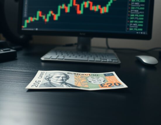 British Pound Sterling banknote with blurred forex chart in background