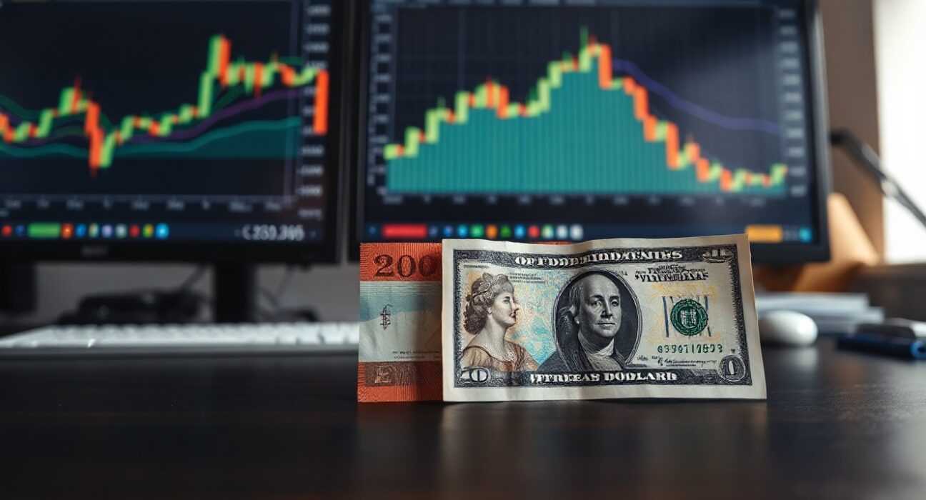 British pound and US dollar banknotes with financial charts in background, representing GBP/USD currency pair movement