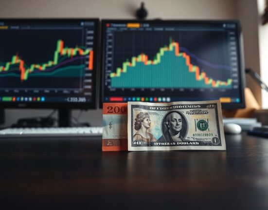 British pound and US dollar banknotes with financial charts in background, representing GBP/USD currency pair movement