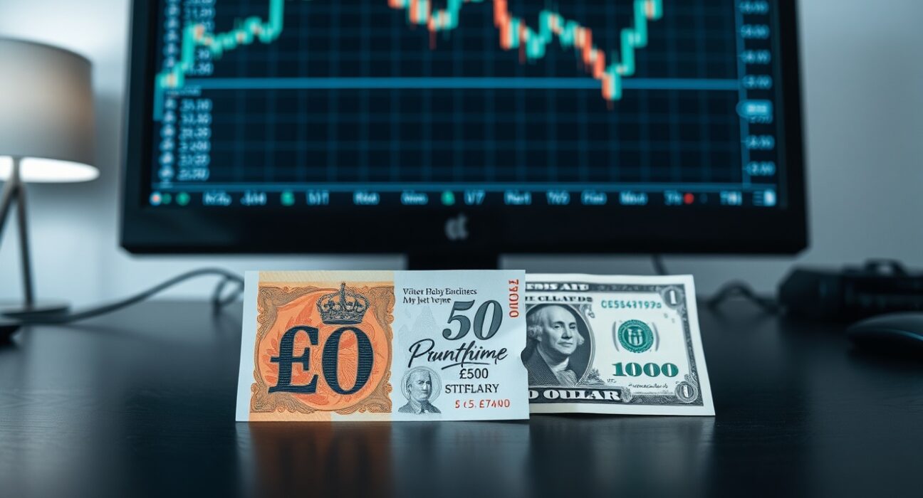 British pound and US dollar banknotes with forex chart on monitor in background