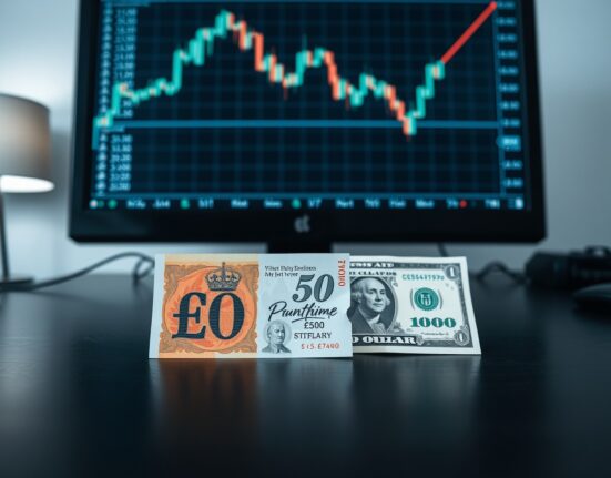 British pound and US dollar banknotes with forex chart on monitor in background
