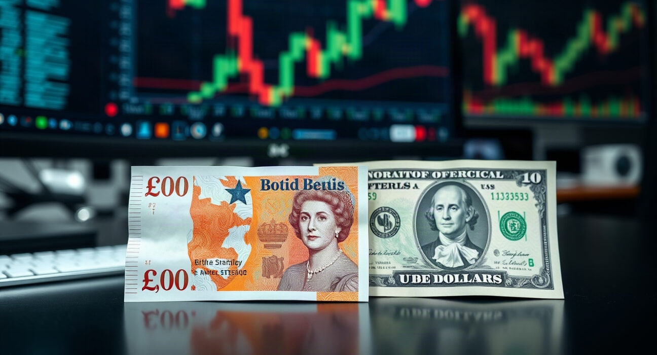 Close-up of British Pound and US Dollar banknotes on a trading desk, representing the GBP/USD currency pair.