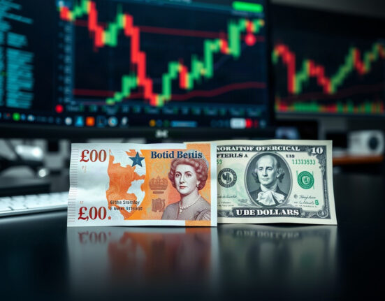 Close-up of British Pound and US Dollar banknotes on a trading desk, representing the GBP/USD currency pair.