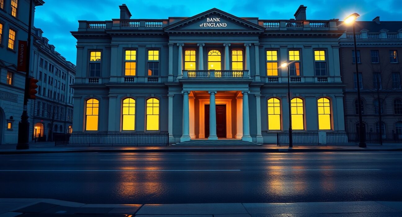 Bank of England building in London representing monetary policy decision impacting GBP/USD exchange rate.