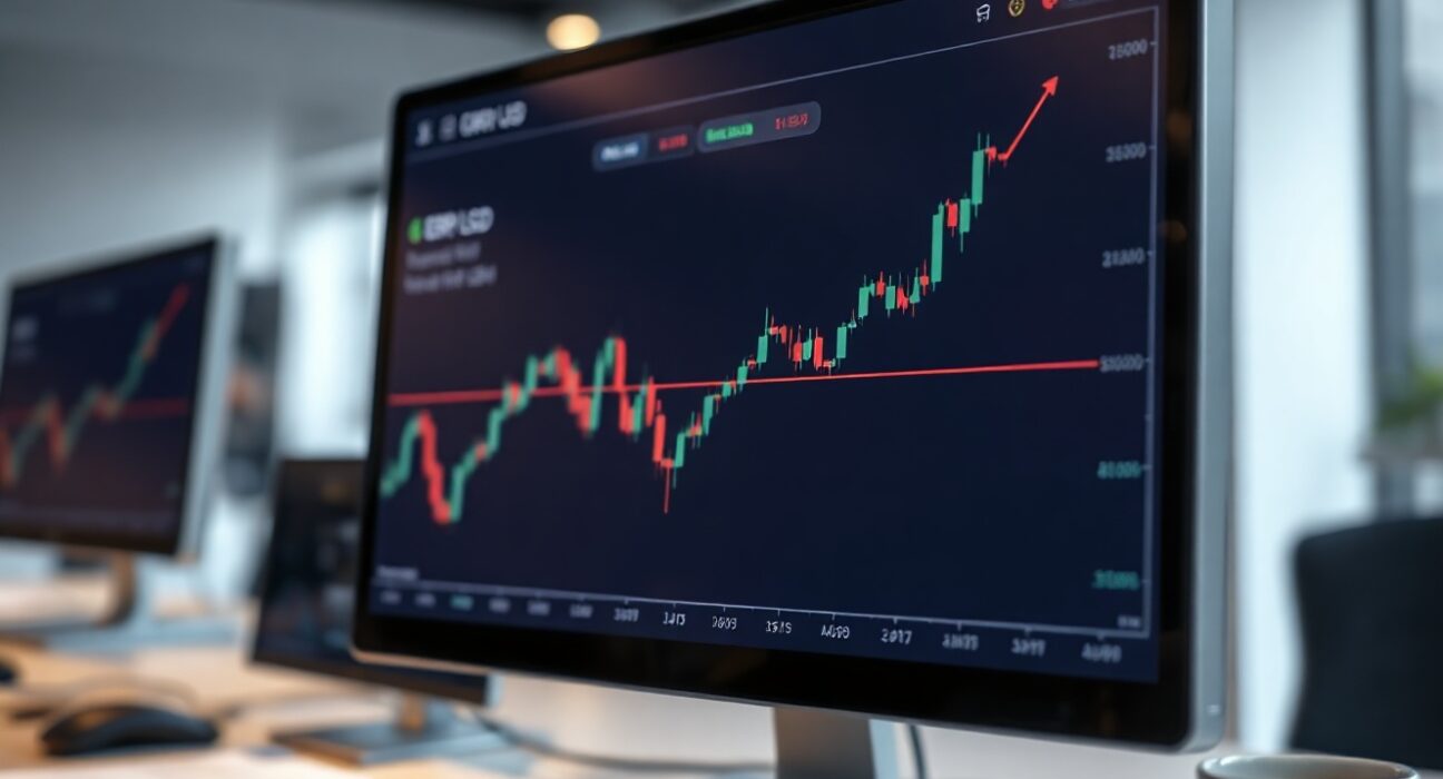 GBP/USD trading chart showing an upward trend on a monitor in a financial office