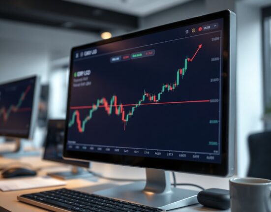 GBP/USD trading chart showing an upward trend on a monitor in a financial office