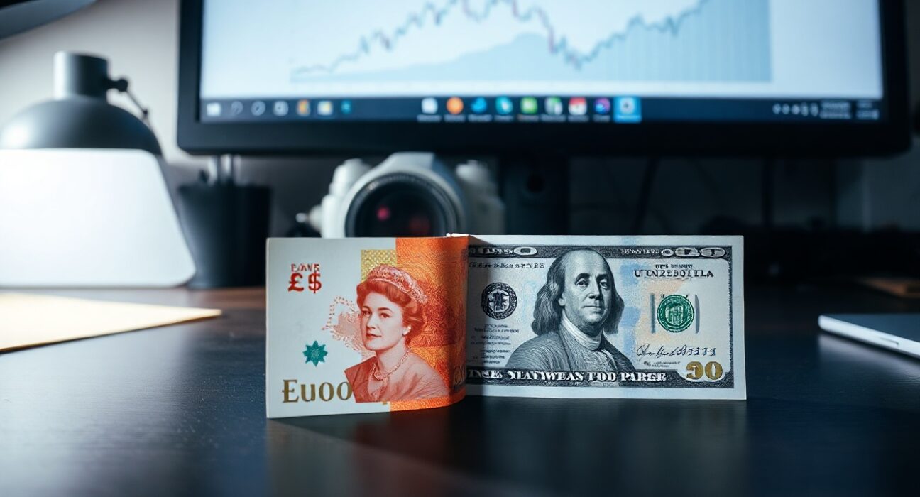 British pound and US dollar banknotes on a desk with a sideways trend chart in the background