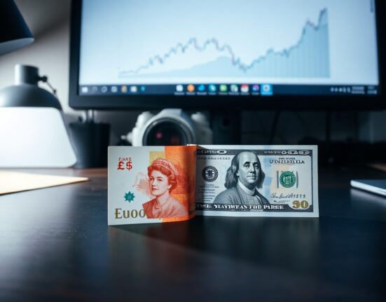 British pound and US dollar banknotes on a desk with a sideways trend chart in the background