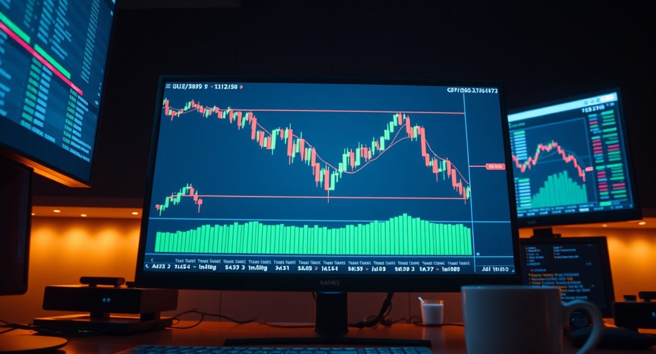 Forex trading screen showing GBP/USD candlestick chart with Fibonacci retracement levels