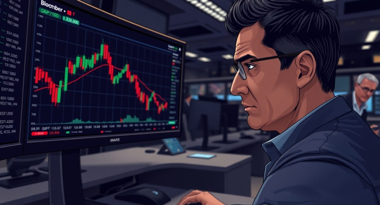 Forex trader analyzing GBP/USD decline on Bloomberg Terminal amid market volatility.